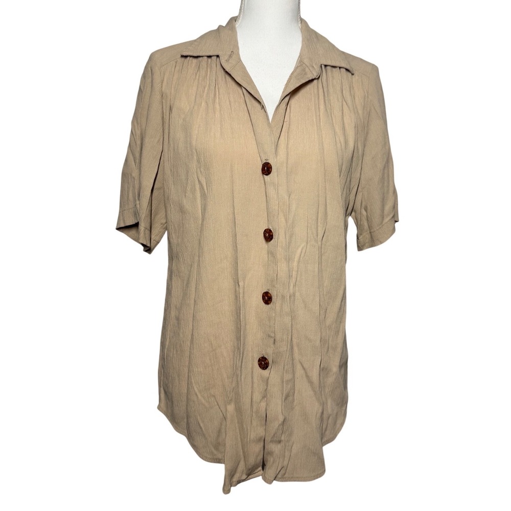 Joanna Vintage Button Down Blouse Tan Beige Excellent Textured Camp Collar Top